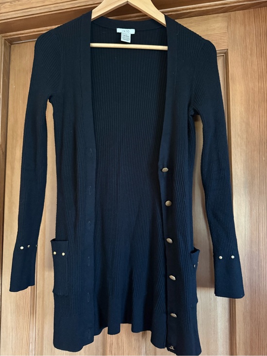 Cache Sweaters - Cache Black Ribbed Long Button-Front Cardigan with Gold Buttons